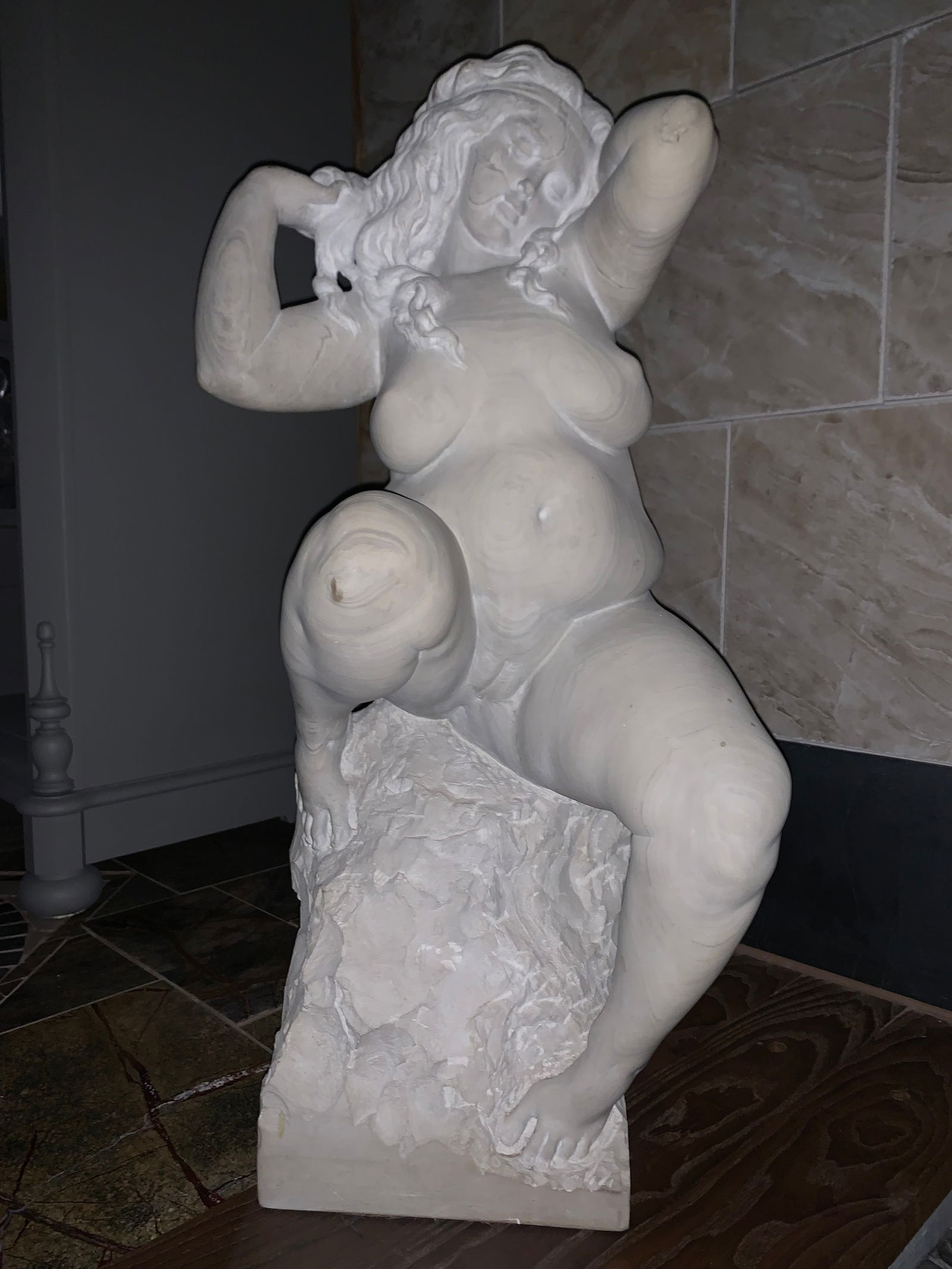 Vasyl Korchovyi (Ukrainian Master Sculptor XX c.) — Seated Female Figure, Stone: A powerful and expressive stone sculpture by Vasyl Korchovyi, a distinguished Ukrainian master sculptor and artist based in Kyiv, Ukraine. This monumental work presents a dynamic seated female form, c