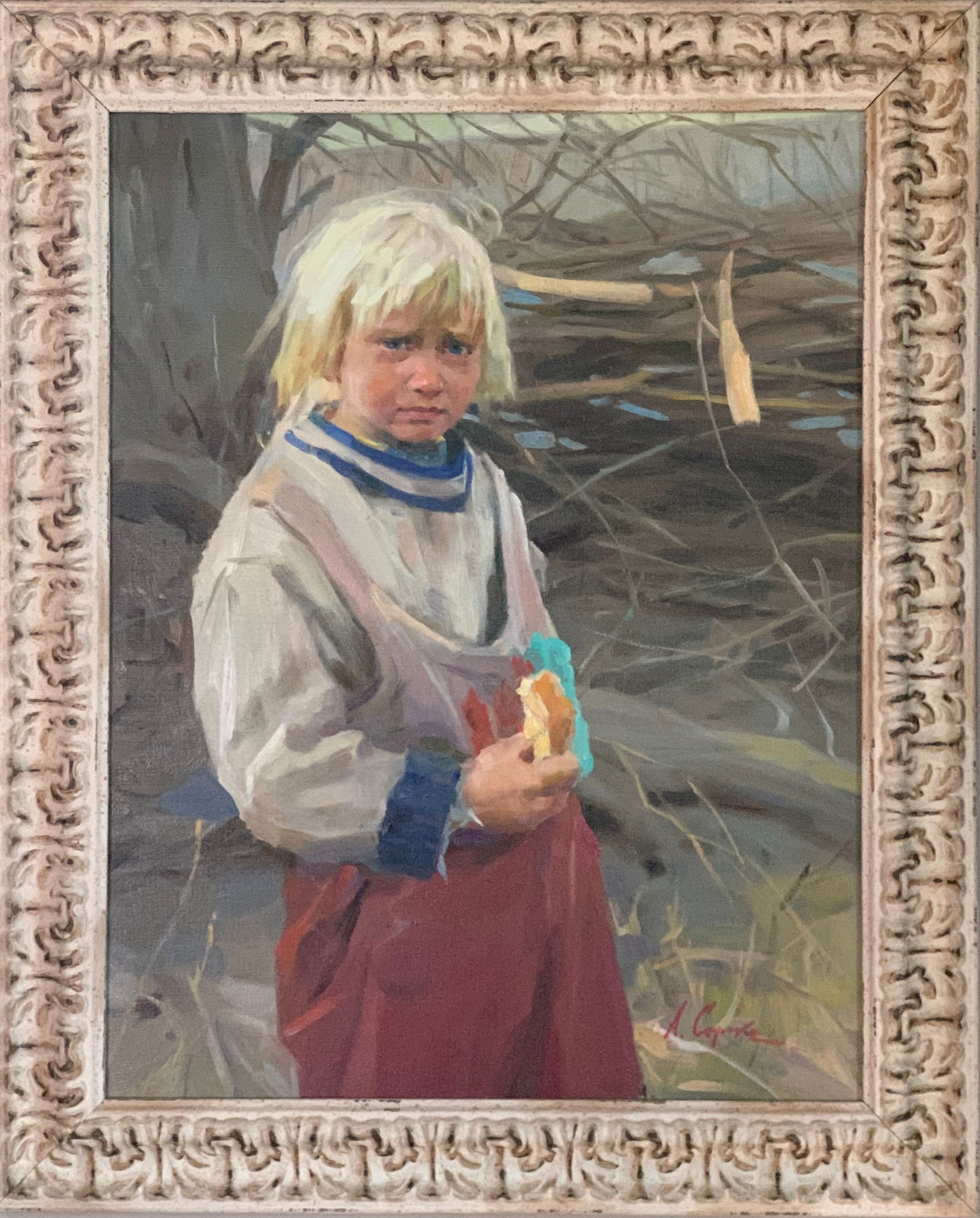 Arkadi Soroka (Ukrainian Master Artist and Monumentalist XX c.) — Portrait of a Child, Oil on: An original oil on linen by Arkadi Soroka, a distinguished Ukrainian master artist and monumentalist of the 20th century. This evocative portrait depicts a young child set within a subdued natural lan