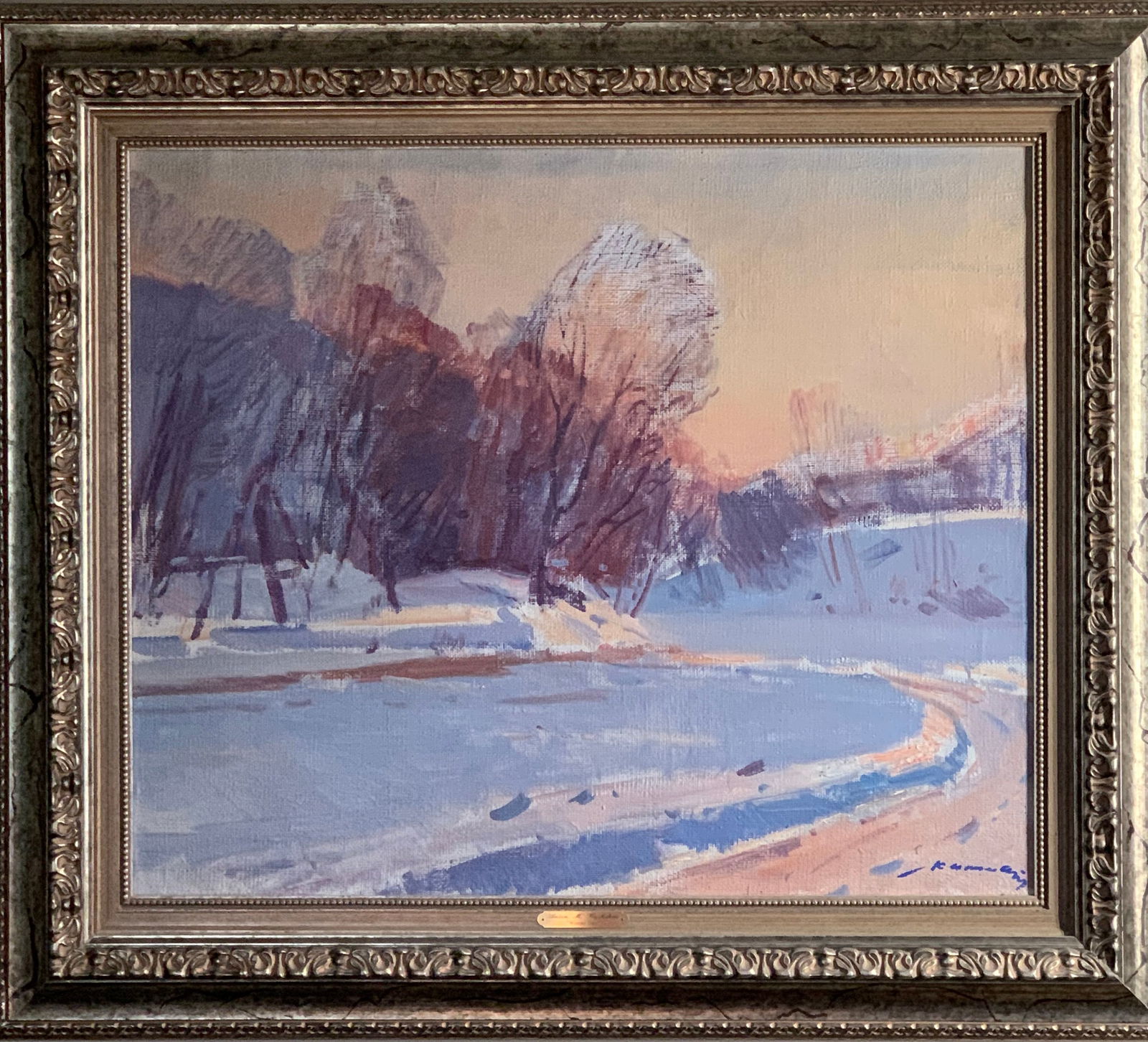 Anton Kashshai 1921–1991 (Ukrainian Master Painter XX c.) — Winter River, Oil on Linen: An original oil on linen by Anton Kashshaii, a Ukrainian 20th-century painter known for his evocative landscapes and mastery of atmospheric effects. This work, Snowy Path, captures a serene winter sce