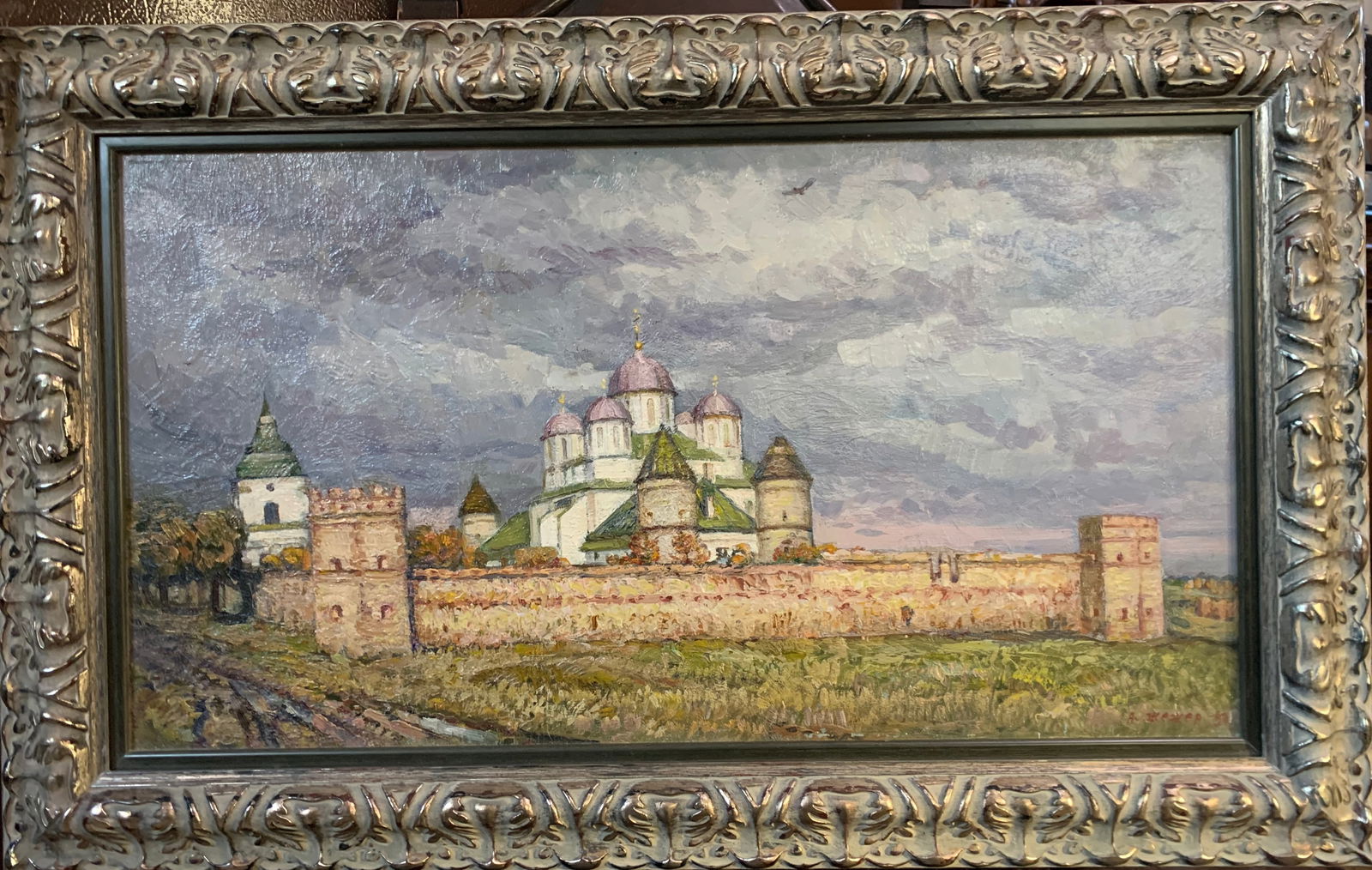 Anatoli Zhezher 1937-2020 (Ukrainian Master Painter XXc.) — Village Landscape, Oil on Masonite: An original oil on Masonite board by Anatoli Zhezher, a distinguished Ukrainian master painter of the 20th century. This work depicts a traditional Eastern European village scene, featuring an old-sty