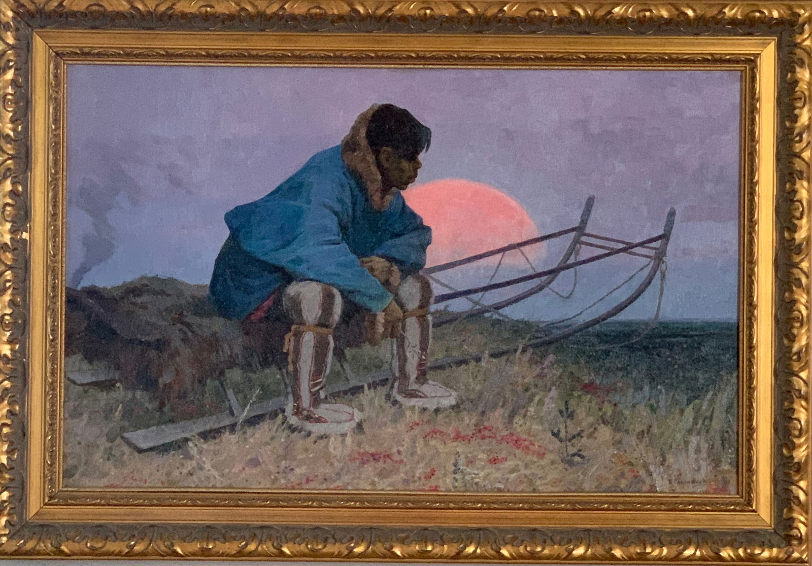 Borys Spornikov 1930–2005 (Ukrainian Master Painter XX c.) — Figure at Sunset, Oil on Linen: An original oil on linen by Borys Spornikov, a distinguished Ukrainian master painter of the 20th century. This atmospheric composition depicts a solitary figure seated at rest within an open rural la