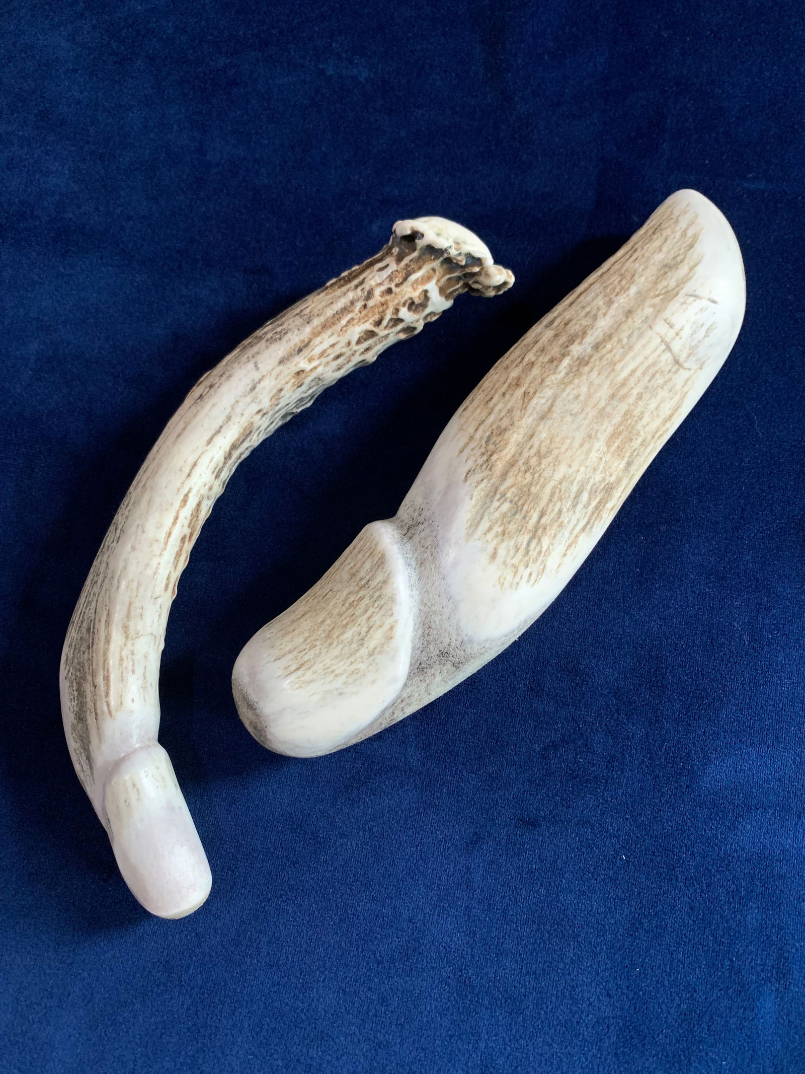 Two 20th Century Carved Erotic Objects — Key to Paradise Phallus and Stag Antler: A grouped lot of two carved 20th-century erotic objects in phallic form, including a larger curved example referred to as “Key to Paradise,” and a second carved stag antler piece. Both works d