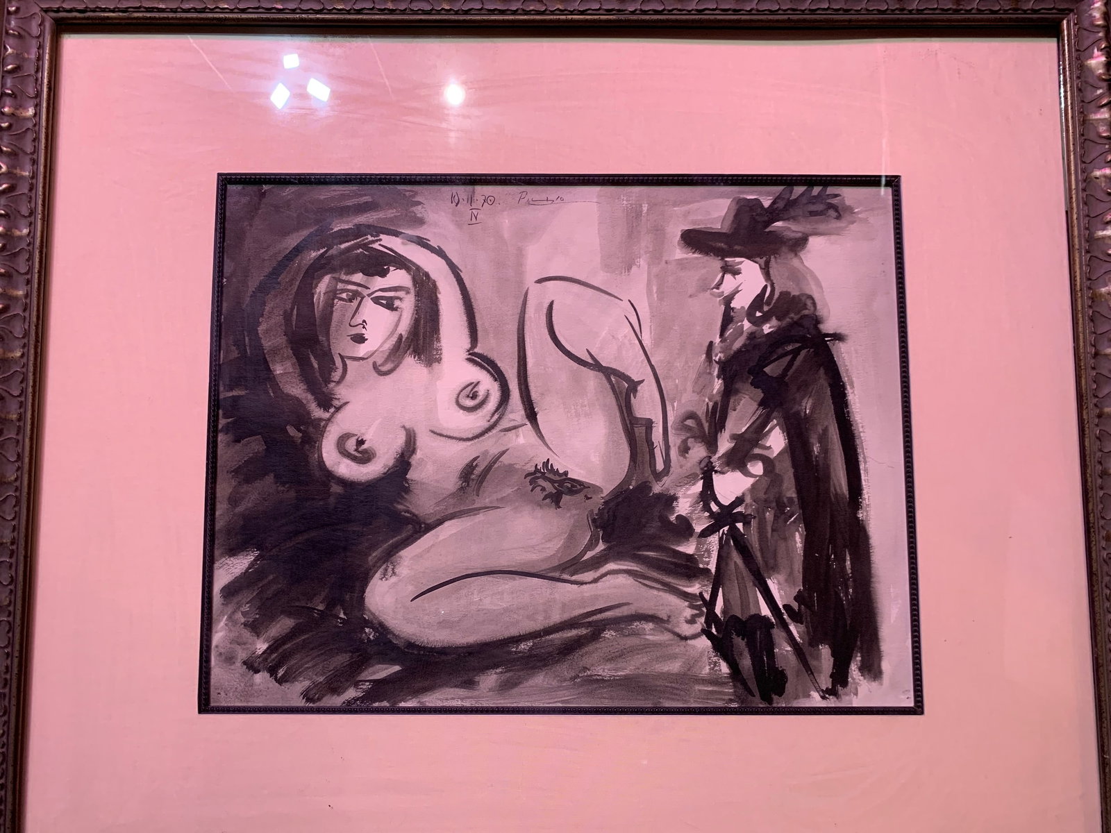 Pablo Picasso 1881–1973 (Spanish master painter) — Nude and Musketeer, Black Wash and Ink on: This original black wash and ink on paper, titled Nude and Musketeer, is attributed to Pablo Picasso. The work is presented framed and sold as-is. No paper of authenticity accompanies this piece. The