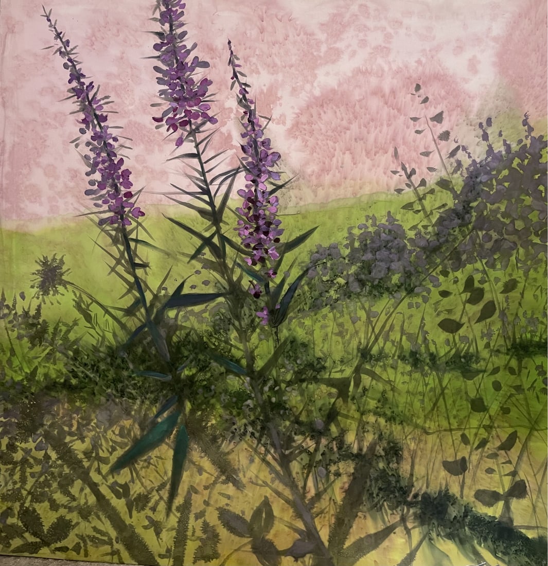 Olena Zvir (Ukrainian) – Ivan Chai (2023), Original Floral Fireweed Painting on Silk: Title: Ivan Chai (2023) – Floral Fireweed Composition on Silk by Olena Zvir Artist: Olena Zvir (Ukrainian contemporary artist) Medium: Paintin