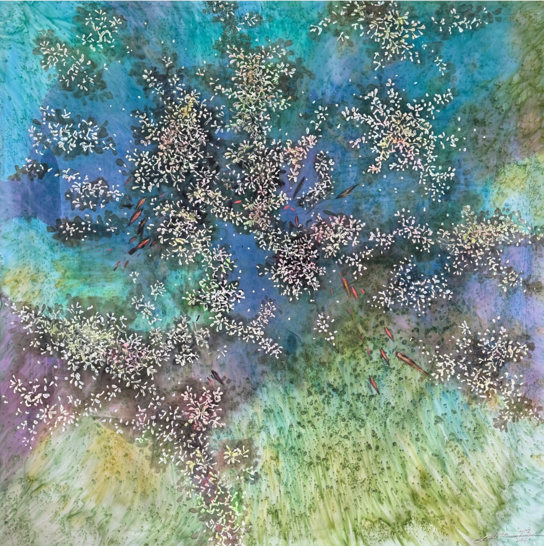 Olena Zvir (Ukrainian) – Corals (2023), Original Marine Life on Silk Painting: Title: Corals (2023) – Underwater Marine Life Composition on Silk by Olena Zvir Artist: Olena Zvir (Ukrainian contemporary artist) Medium: Pai