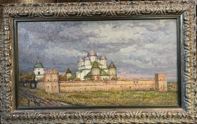 Anatoli Zhezher 1937-2020 (Ukrainian) — Castle Monastery, Original Oil on Masonite Painting: Artist: Anatoli Zhezher (Ukrainian, 1937–2020) Title: Castle Monastery Medium: Original Oil on Masonite Dimen