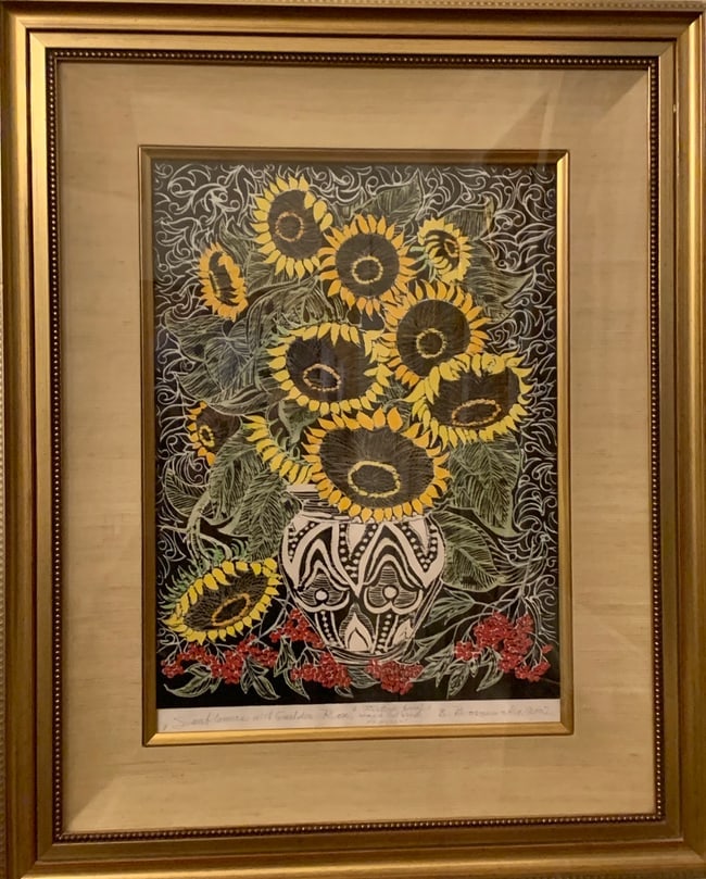 Bohdan Borzhemsky b.1923 (Ukrainian) —Sunflowers with Guelder-Rose, Original Woodcut Painting (1 of 5)