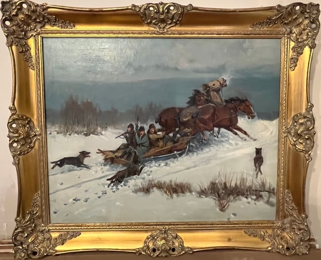XX c. Polish Painter, Style of Kossak — Attack of the Wolves, Original Oil on Canvas Painting (1 of 4)