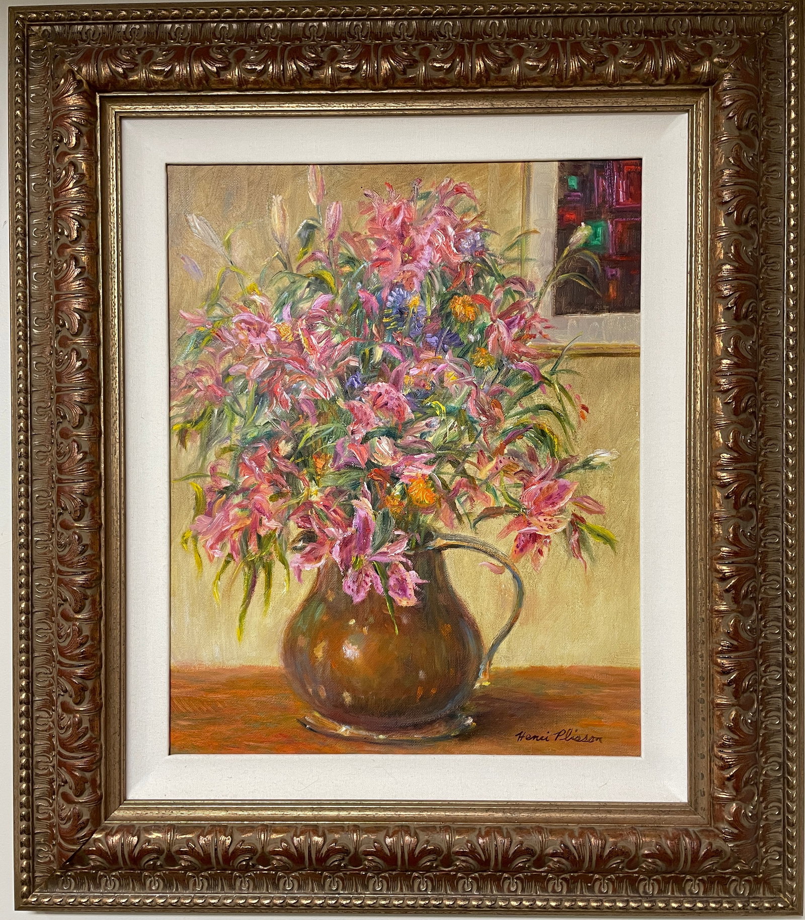Henri Plisson (French, 20th Century) – Copper Pot with Flowers, Original Oil on Canvas Painting: Artist: Henri Plisson (French, 20th Century) Title: Copper Pot with Flowers Medium: Original Oil on Canvas Di