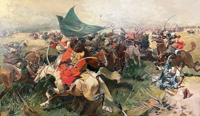 Jozef Brandt 1841-1915 (Polish) – Turkish War Scene with Ottoman Flag, Oil on Canvas Painting (1 of 3)