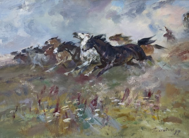 Viktor Poltavets 1925-2003 (Ukrainian) – Tabun Horses Running, Original Oil on Canvas Painting (1 of 4)