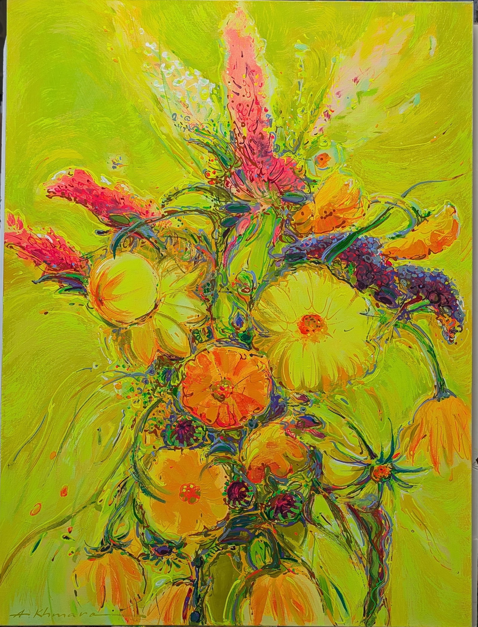 Anatoliy Khmara b. 1956 (Ukrainian) – Vibrant Floral Bouquet, Original Tempera on Canvas Painting: Artist: Anatoliy Khmara (Ukrainian) Title: Vibrant Floral Bouquet Medium: Original Tempera on Canvas Dimensio