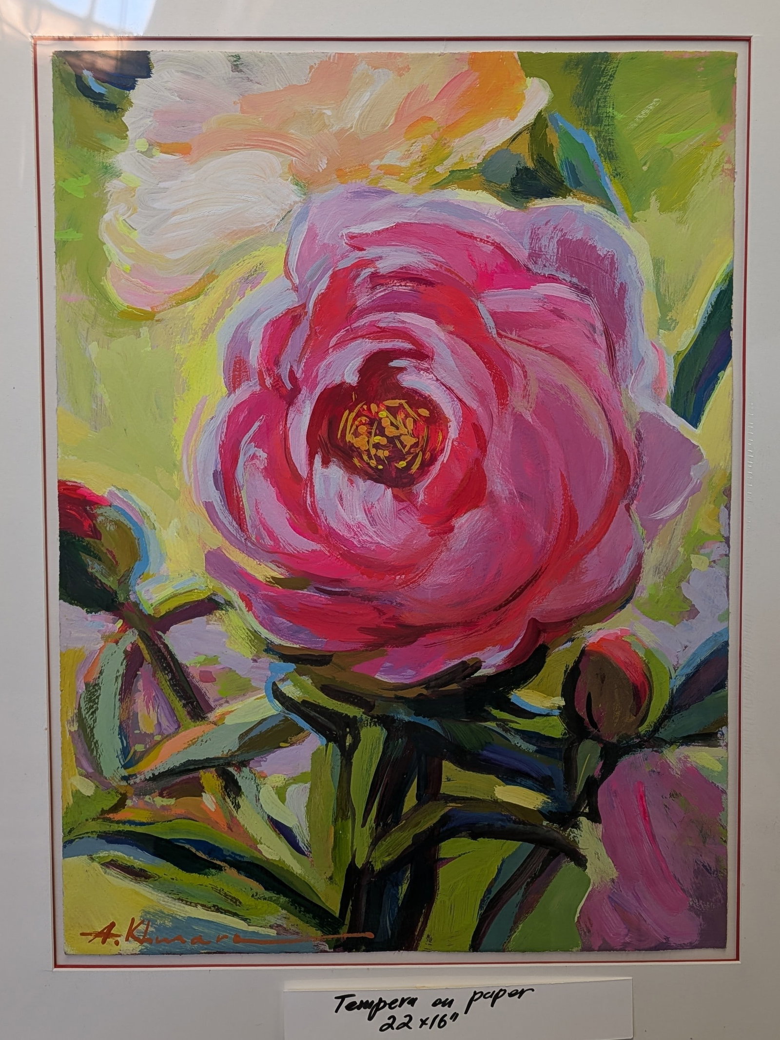 Anatoliy Khmara b. 1956 (Ukrainian) –Pink Flower, Original Tempera on Paper Painting (1 of 2)