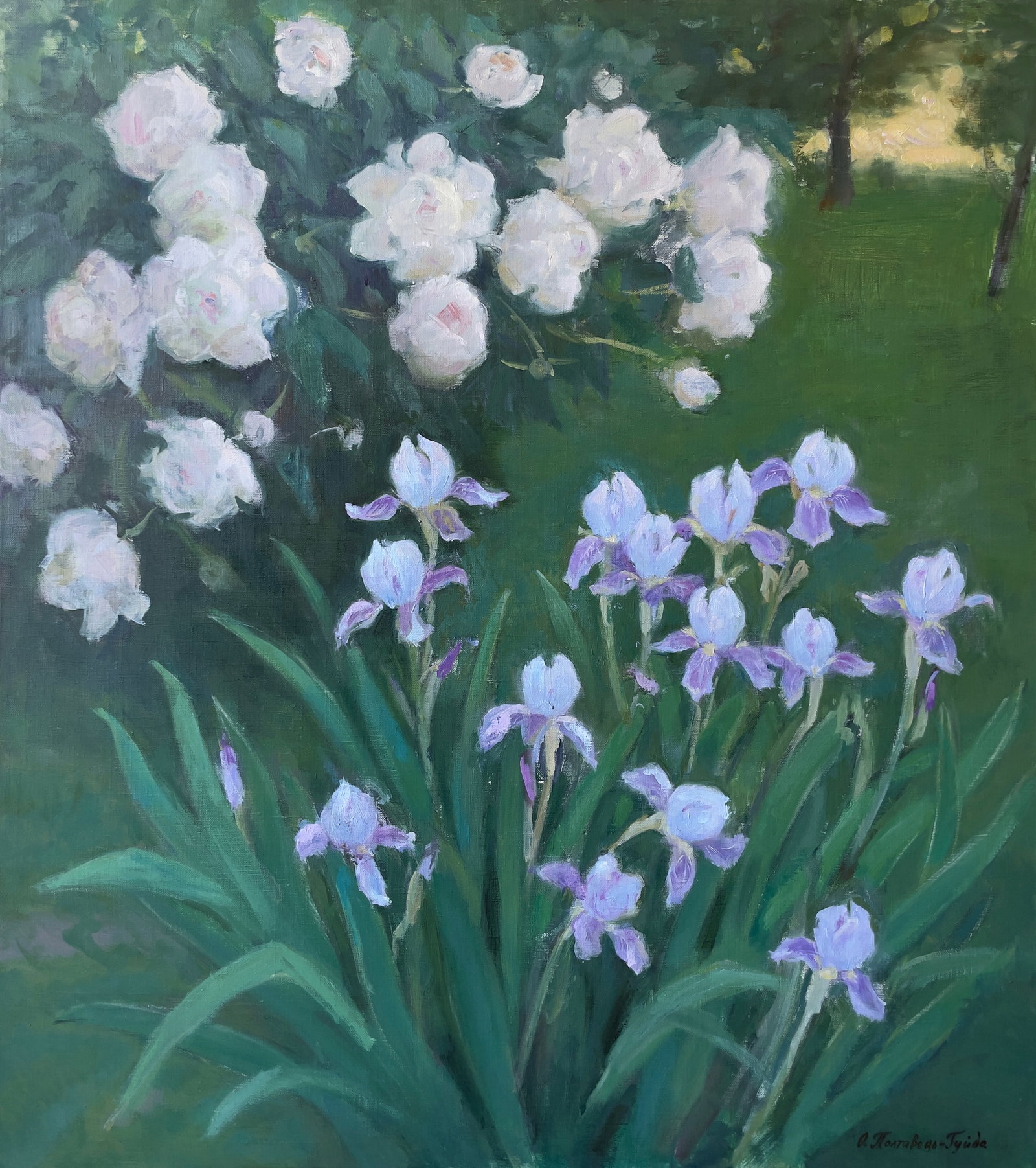 O. Poltavets-Guida (Ukrainian) – Peonies and Irises, Original Oil on Canvas Painting: Artist: O. Poltavets-Guida (Ukrainian) Title: Peonies and Irises Medium: Original Oil on Canvas Dimensions:</