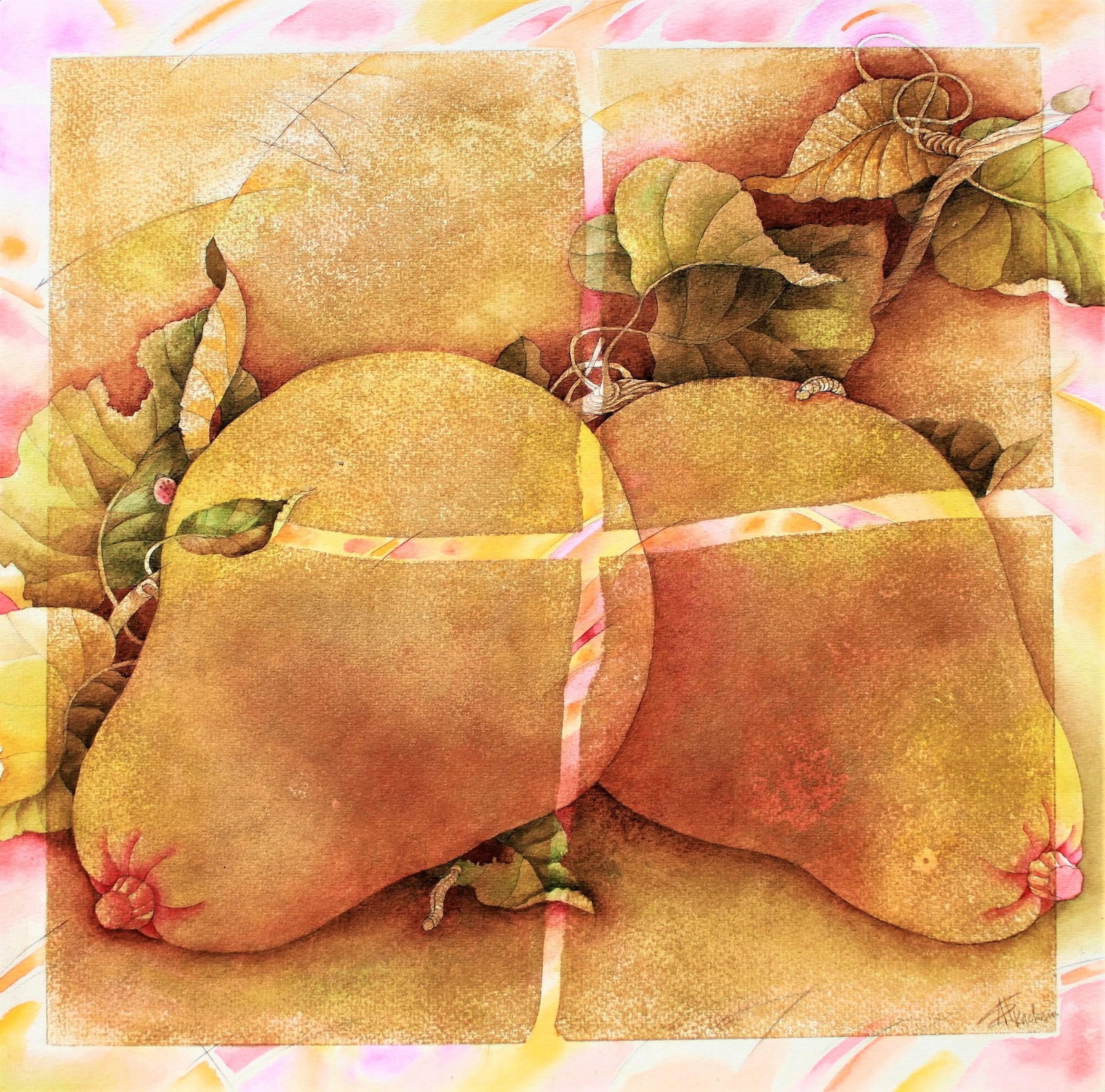 Oleksander Tkachenko b. 1952 (Ukrainian/American) — Golden Pears, Original Mixed Media Painting: Artist: Oleksander Tkachenko (Ukrainian/American, born 1952) Title: Golden Pears Date: U