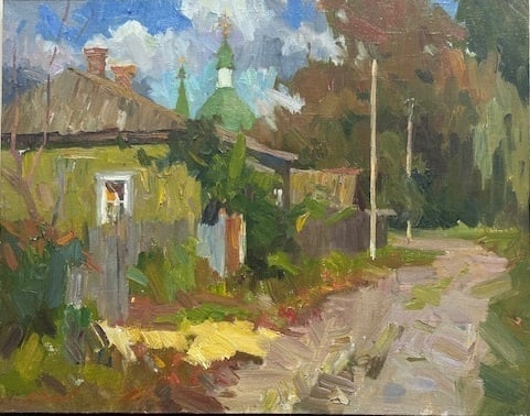 Oleksiy (Alexei) Dmitriyev (Ukrainian) — Village Road, Original Oil on Canvas Painting: Artist: Oleksiy (Alexei) Dmitriyev (Ukrainian, 20th–21st century) Title: Village Road Medium: