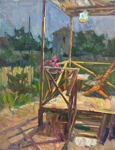 Oleksiy (Alexei) Dmitriyev (Ukrainian XX c.) — On the Veranda, Original Oil Painting: Artist: Oleksiy (Alexei) Dmitriyev (Ukrainian, 20th–21st century) Title: On the Veranda Medium:</