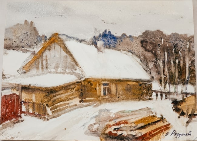 Izrail Radunsky 1929-2025 (Belarusian) – Winter in the Country, Original Watercolor Painting: Artist: Izrail Radunsky (Belarusian/American, 1929–2025) Title: Winter in the Country Date: