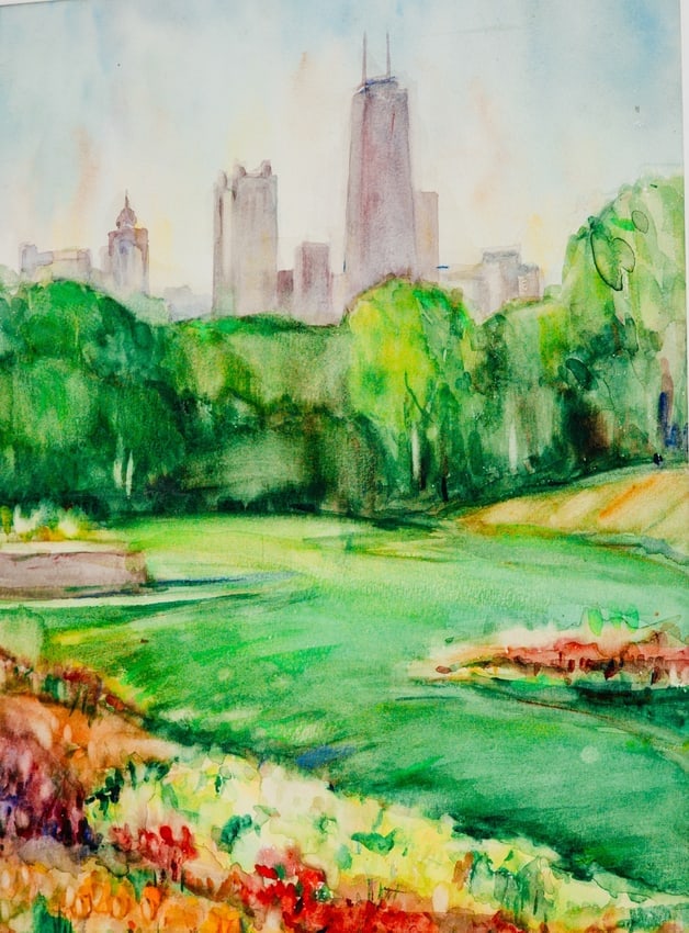 Izrail Radunsky 1929–2025 (Belarusian) – Spring in Chicago, Original Watercolor on Paper: Artist: Izrail Radunsky (Belarusian/American, 1929–2025) Title: Spring in Chicago Date: