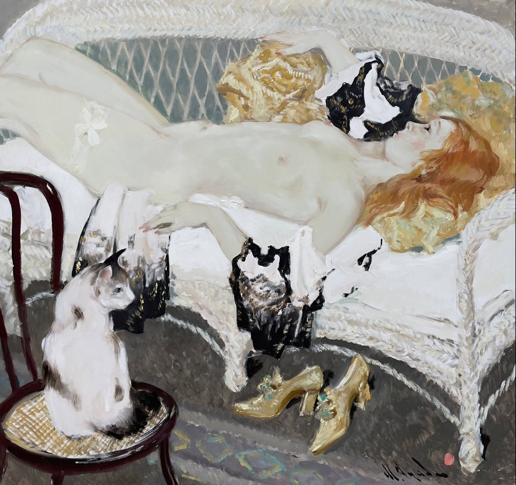 Mykhailo Guida b. 1955 (Ukrainian) — Reclining Nude with Cats (2025) Original Oil on Canvas (1 of 2)