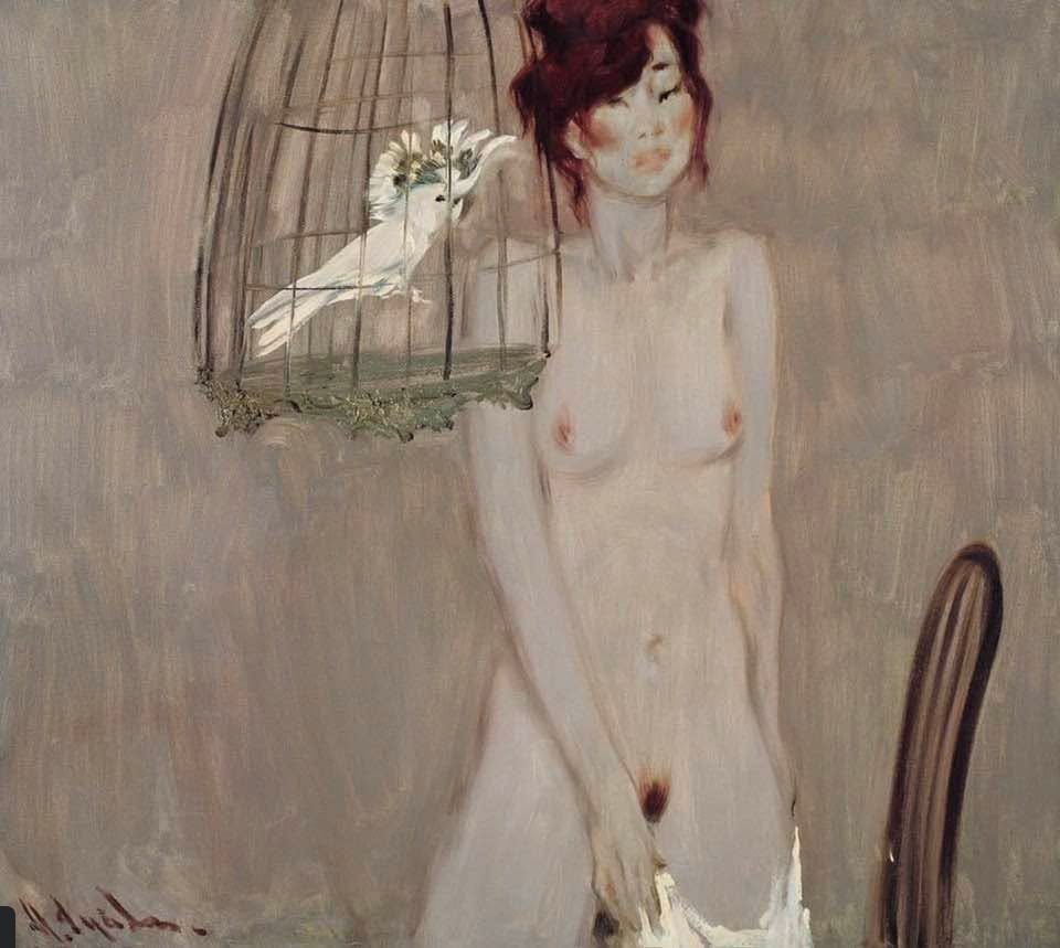 Mykhailo Guida b. 1955 (Ukrainian) — Nude with White Cockatoo, Original Oil on Canvas Painting