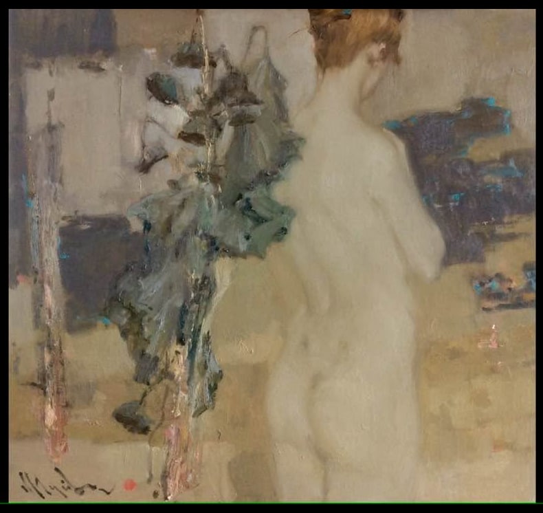 Mykhailo Guida b. 1955 (Ukrainian) — Standing Nude in the Studio, Original Oil on Canvas Painting: Artist: Mykhailo Guida (Ukrainian, b. 1955) Title: Standing Nude in the Studio Date: Unk