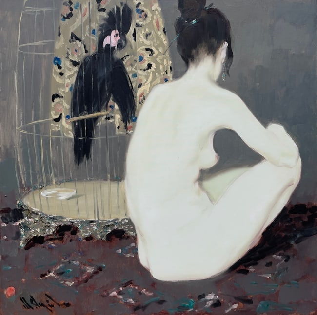 Mykhailo Guida b. 1955 (Ukrainian) – Seated Nude with Exotic Bird and Cage, Original Oil Painting