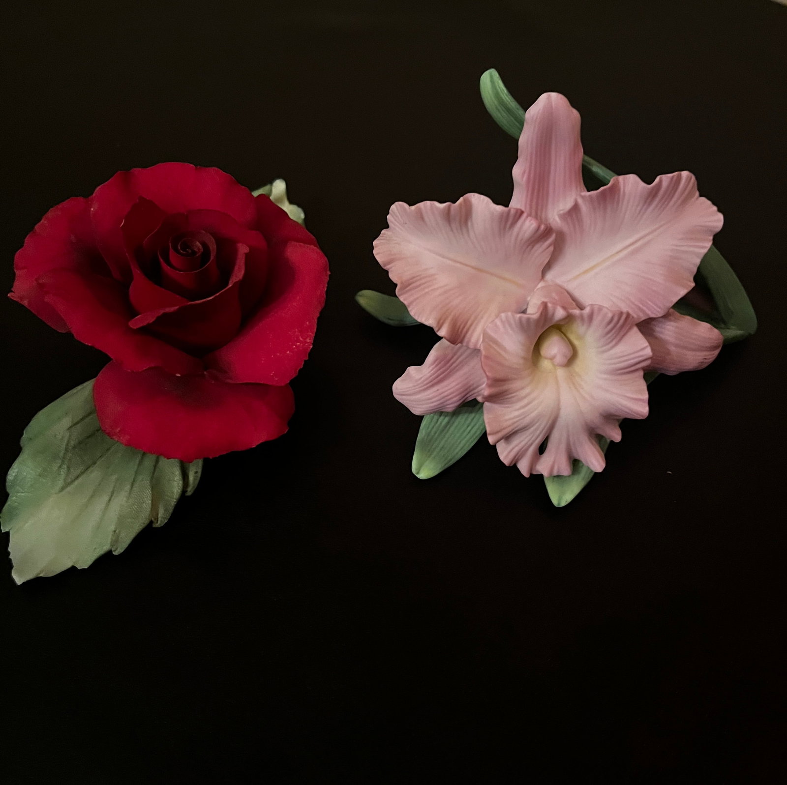 Lenox Cattleya Orchid & Capodimonte Rose Porcelain Flower Figurines, Vintage Collectible Pair: Maker: Lenox & Capodimonte, Italy Title: Cattleya Orchid & Red Rose Porcelain Flower Figurines