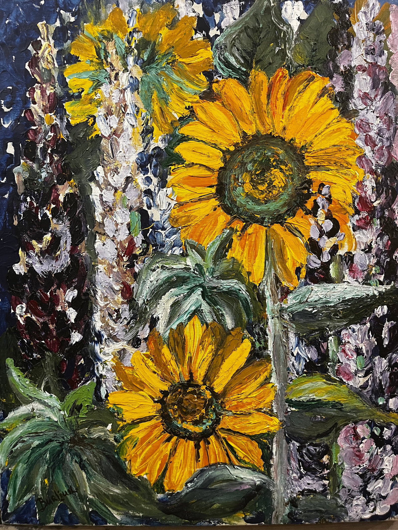 Original Painting on Canvas Signed Burliuk: "Sunflowers" 25 3/4 X 20 IN Signed Lower Left Corner (not framed) David Burliuk (Ukrainian/American 1882-1967) Found on Estate sale of Chicago Art Collector PLEASE READ BEFORE BIDDING: ALL PROPER