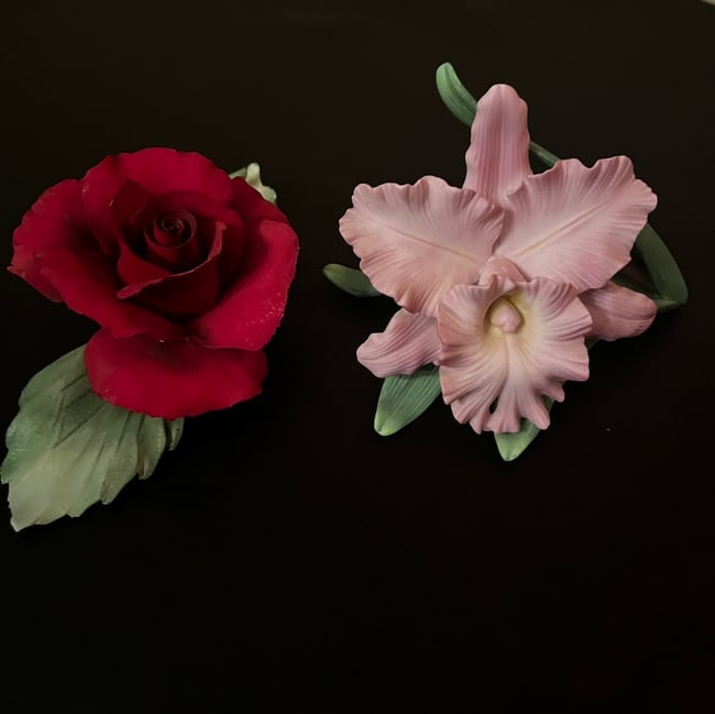 Lenox Cattleya Orchid & Capodimonte Rose Porcelain Flower Figurines, Vintage Collectible Pair (1 of 10)