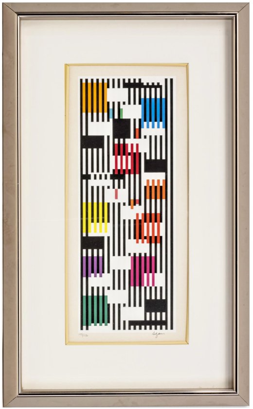 Yaacov Agam Serigraph, Signed and Numbered: Screen print in colors on wove paper. It is part of the Tapestry Suite. It is signed in pencil in the lower right and numbered in the lower left as "138/180". The image measures 21 in x 8 in and it is