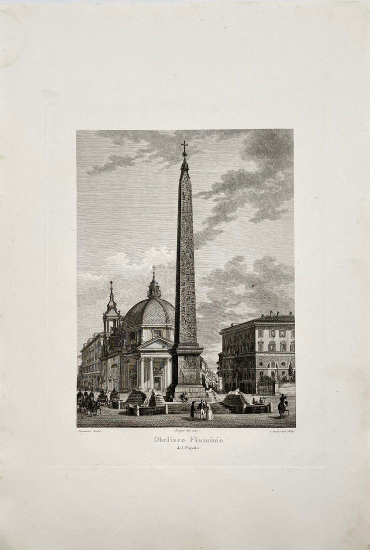 Domenico Amici (1808-1871) - Flaminio Obelisk: Domenico Amici (Italian, 1808 - 1871). Etching, View of the Flaminio Obelisk. Rome: G. Raffaelli [plates dated 1832-1847]. Size 39 cm x 28 cm.