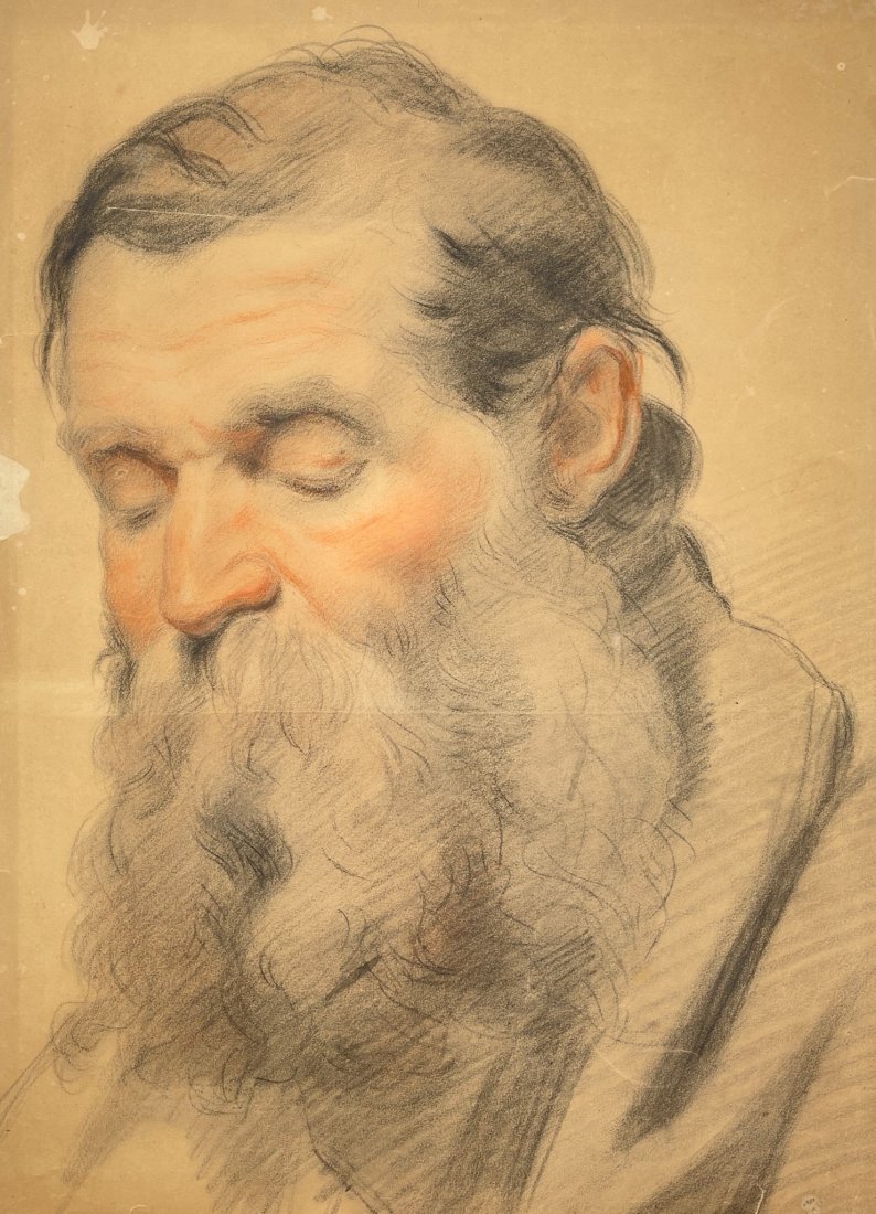 Antique pencil drawing - Portrait of an elderly man with a long beard - 19th Century: Antique drawing, "Portrait of an elderly man with a long beard". Drawing & Crayon, 19th Century, Approx. 32 cm x 43 cm.