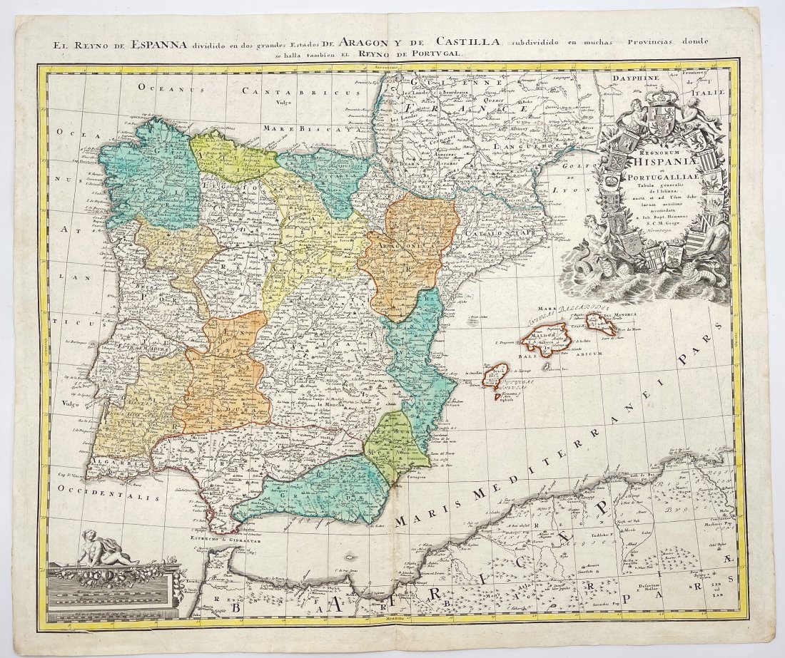 Antique map - General map of Spain and Portugal - Johann Baptist: Antique Map, General map of Spain and Portugal, Johann Baptist Homann (1664-1724), Copperplate print.Size: 54 x 63.