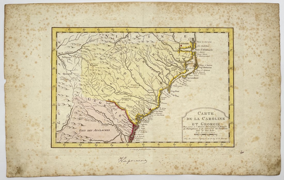 Jacques-Nicolas Bellin (1703-1772), After - Map of North and South Carolina, Georgia 1770: "Carte de la Caroline et Georgie" Engraved map from the Dutch edition of Bellin's Histoire General des Voyages. Original hand-coloring; fairly foxed, most with an early ink annotation at lower margin.