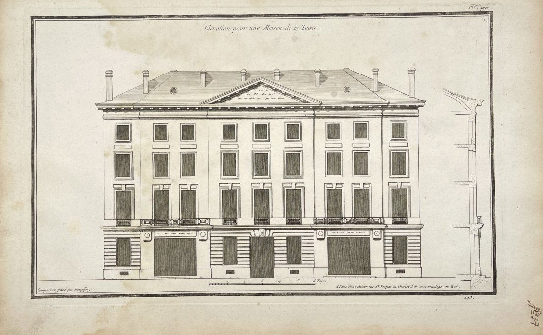 Jean-Francois de Neufforge (1714 - 1891) - Antique Architectural Print - Elevation for a House of 17 (1 of 2)