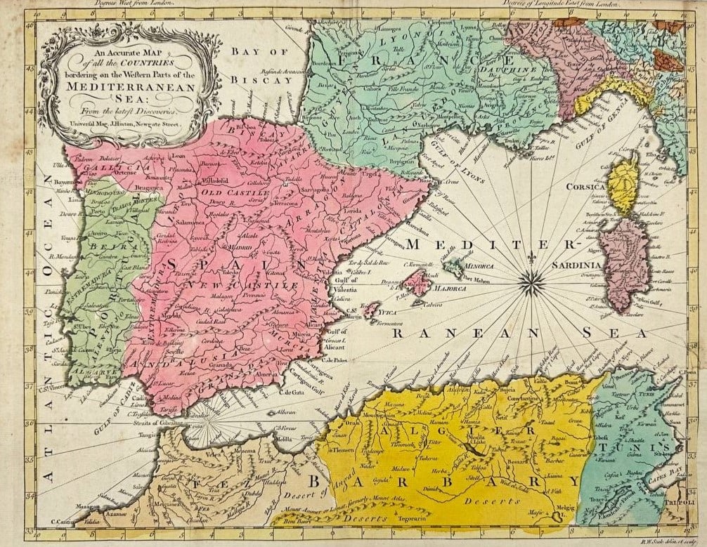 Map of Europe - Mediterranean Sea - Spain, Portugal, southern France, Corsica and Sardinia: Antique hand colored map of part of Europe, including Spain, Portugal, southern France, Corsica and Sardinia, with the north coast of Africa, by Hinton, from Universal Magazine, 1760. This map was pub