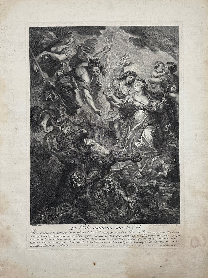Original Print - Peace Confirmed in Heaven - Gaspard Duchange - Paul Rubens: This is antique engraving with etching made by Gaspard Duchange. After Peter Paul Rubens. Draftsman: Nattier, Jean-Marc. Published in Paris, France, 1710 years. To symbolize the righteousness of Their