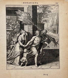 Pieter de Jode I (1570-1634) & Otto van Veen (1556-1629) - Death pulling away a man from his family: Engraving "Death pulling away a man from his family", Antwerp, 1607. Size: 19 cm x 22 cm