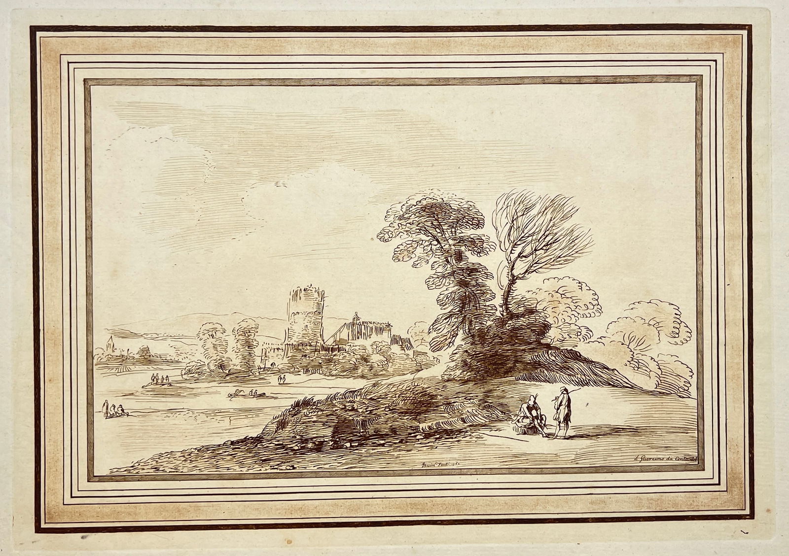 Francesco Bartolozzi (1727-1815) after Giovanni Francesco Barbieri (Guercino) - River landscape with: Copper engraving by Francesco Bartolozzi after Giovanni Francesco Barbieri (Guercino), originates from "Original Paintings and Drawings of Guercino in the Collection of His Majesty", publish