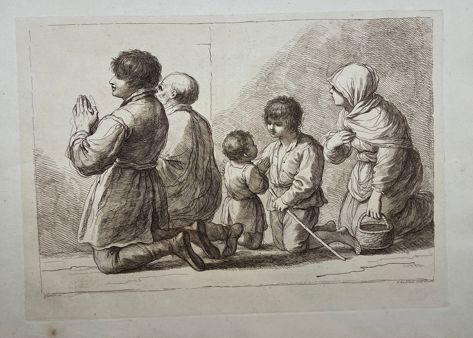 Francesco Bartolozzi (1727-1815) after Giovanni Francesco Barbieri (Guercino) - A family at prayer -: Copper engraving by Francesco Bartolozzi after Giovanni Francesco Barbieri (Guercino), originates from "Original Paintings and Drawings of Guercino in the Collection of His Majesty", publish