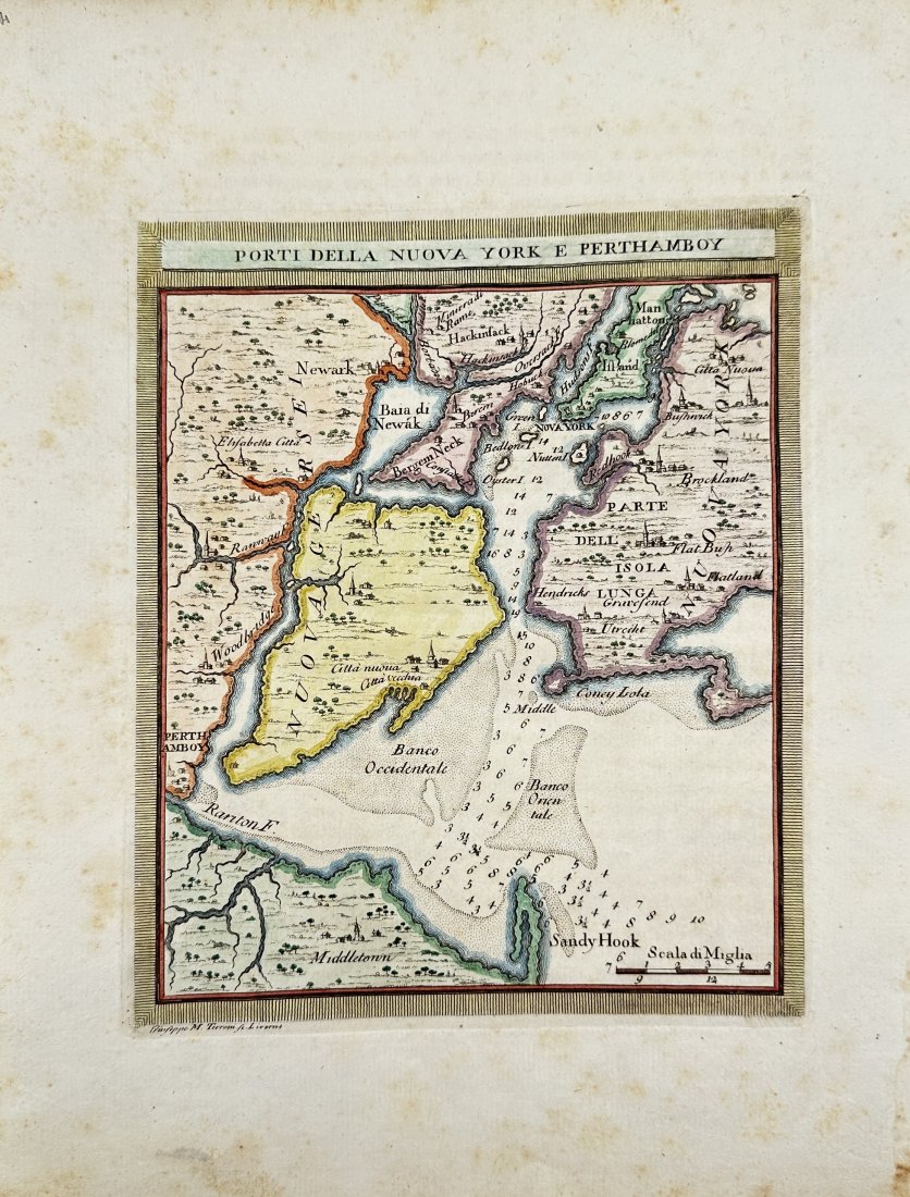 D. Veremondo Rossi (XVIII) & Marco Coltellini - Ports of New York and Perth Amboy: This wonderful hand-coloured copper engraving originates from "ll Gazzettiere americano contenente un distinto ragguaglio di tutte le parti del Nuovo Mondo della loro situazione, clima, terreno, prodo