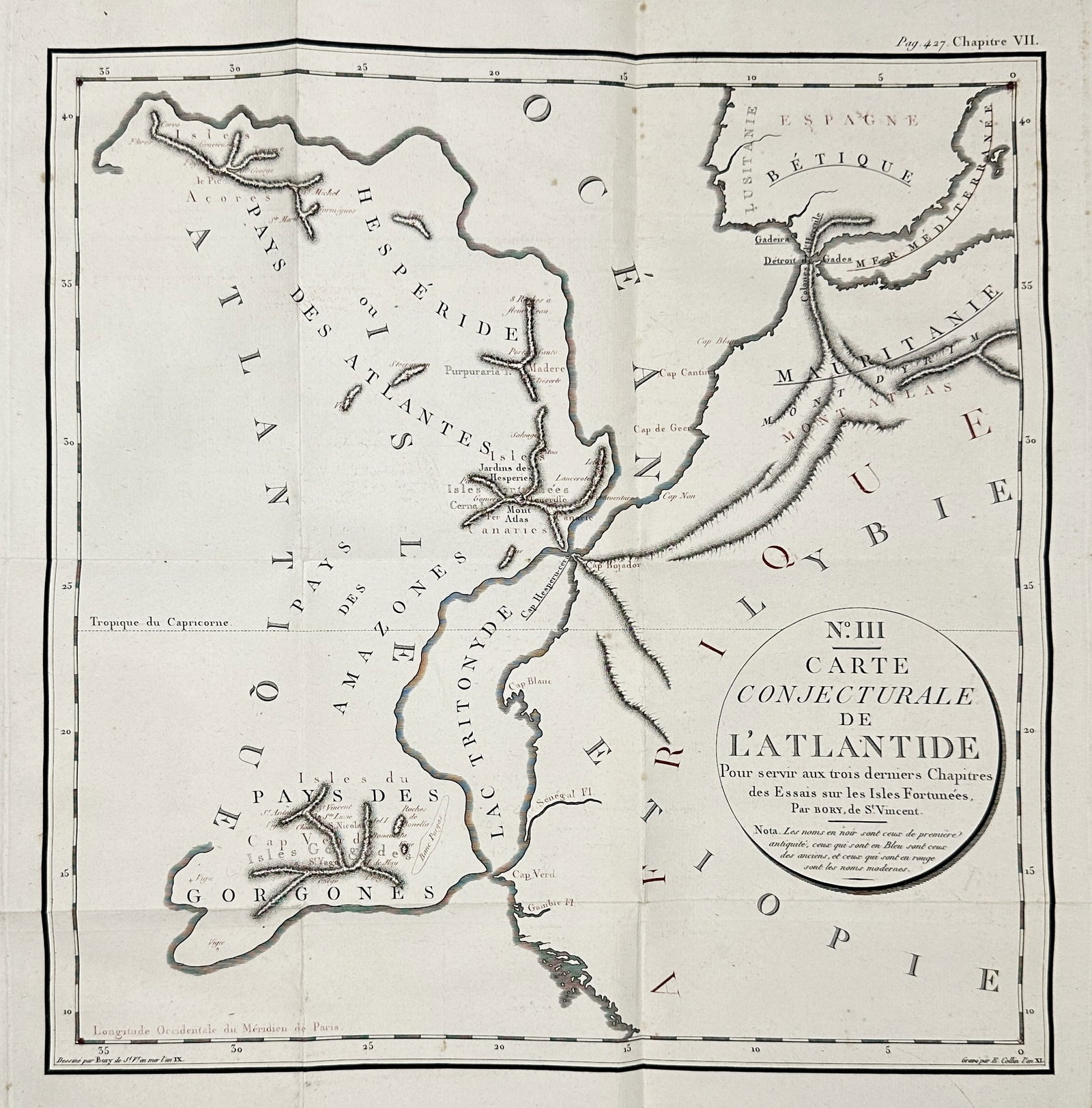 Jean-Baptiste Bory de Saint-Vincent – Map of Atlantis from Essays on the Fortunate Isles: This fascinating copperplate engraving, titled "No. III Conjectural Map of Atlantis," was created by Jean-Baptiste Bory de Saint-Vincent and published in 1803. It served to illustrate the final chapte