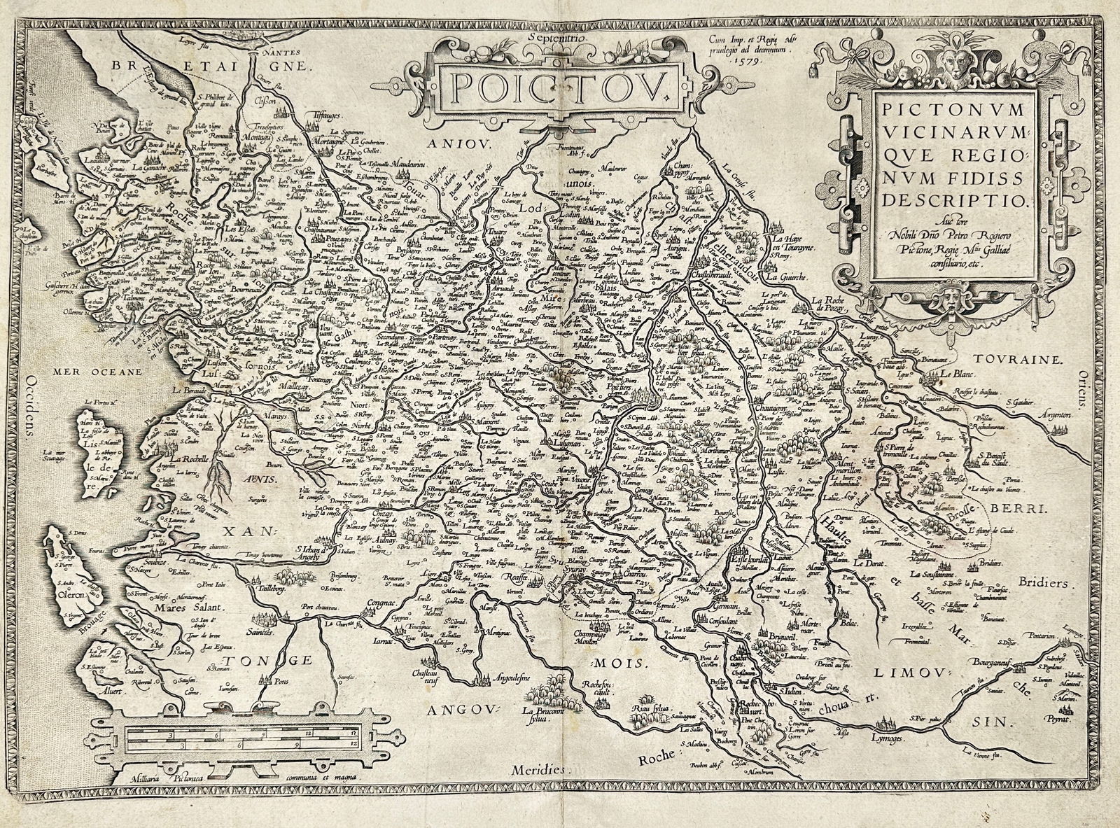Abraham Ortelius (1527–1598) – Map of Poitou – Copperplate Engraving (1595): This original 16th-century copperplate map titled Poictou was engraved by Abraham Ortelius and published in 1595 as part of his landmark atlas Theatrum Orbis Terrarum, considered the first modern atla