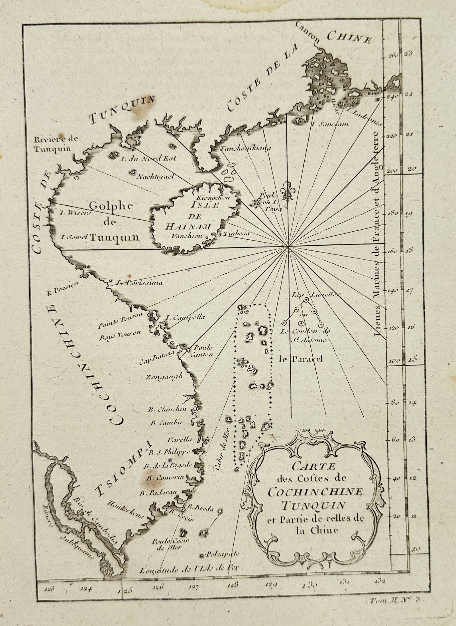 Jacques Nicolas Bellin – Map of the Coasts of Cochinchina, Tonkin, and Part of China – Engraving: This detailed engraving, titled "CARTE DES COSTES DE COCHINCHINE TUNQUIN Et partie de celles de la Chine" (Map of the Coasts of Cochinchina, Tonkin, and part of those of China), was created by Jacques