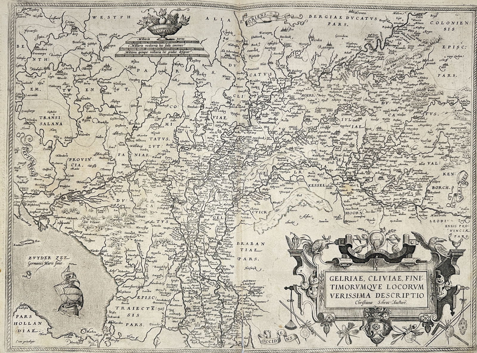 Abraham Ortelius (1527–1598), after Christian Sgrothen – Map of Gelderland, Cleves: This finely engraved map titled Gelriae, Cliviae, Finitimorumque Locorum Verissima Descriptio presents the provinces of Gelderland and Cleves in the eastern Low Countries, bordering modern-day Netherl