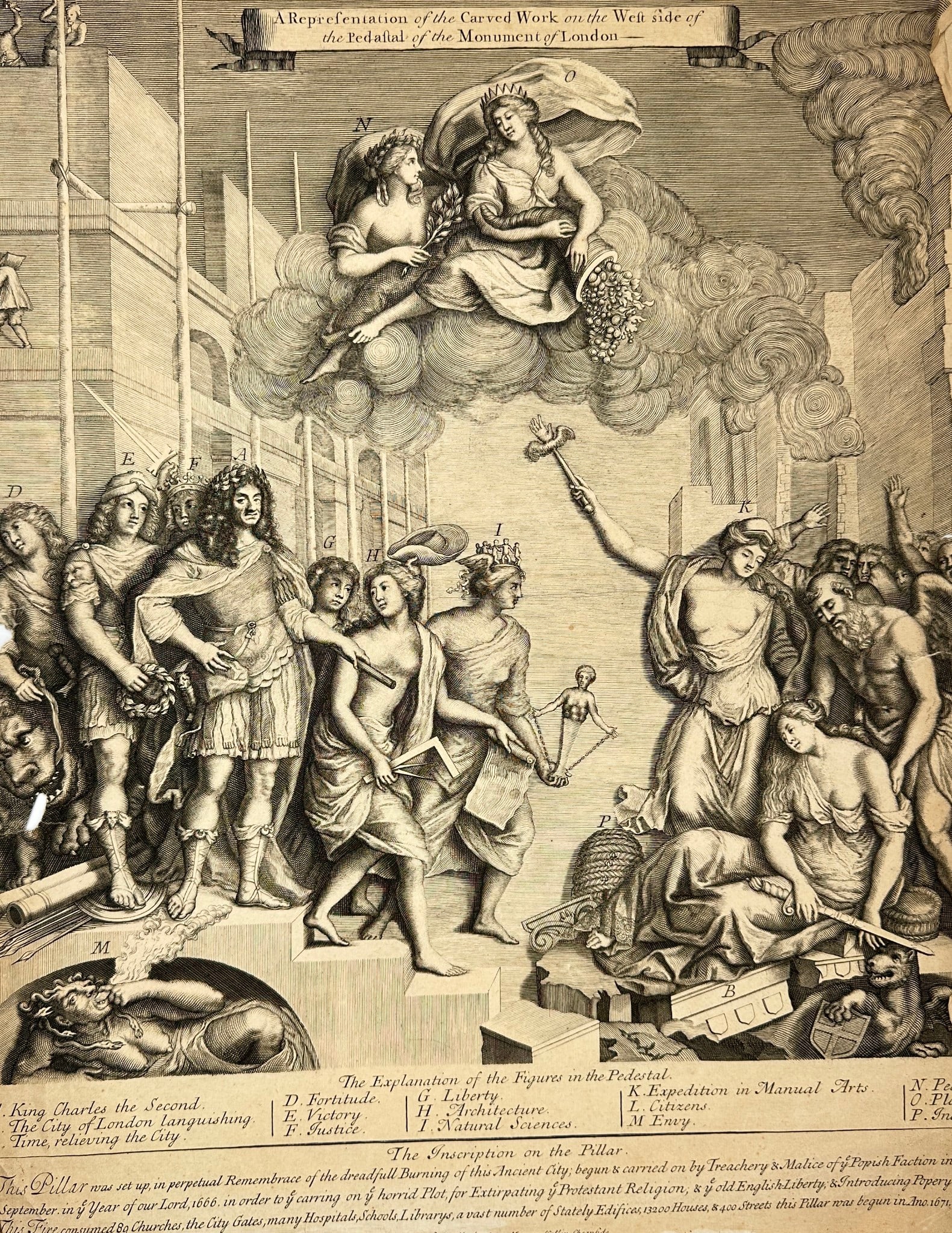 John Bowles – A Representation of the Carved Work on the West Side of the London: This detailed engraving depicts the sculptural relief originally designed for the west side of the pedestal of the Monument to the Great Fire of London. Published by John Bowles, the print is a dramat