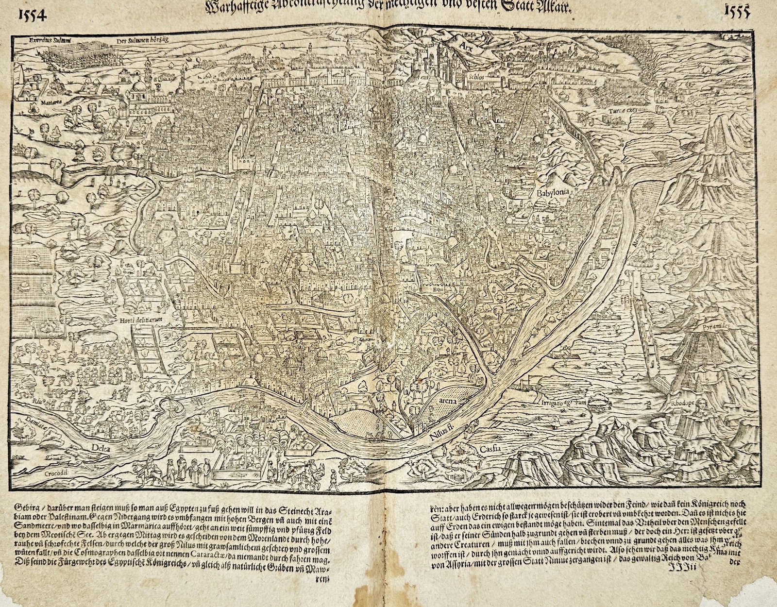 Sebastian Münster – View of Ancient Jerusalem (Warhafftige Abcontrafectung der heiligen: This richly detailed double-page woodcut presents a bird’s-eye reconstruction of ancient Jerusalem, as imagined in the Renaissance. Centered on the Temple Mount, the city is enclosed by walls and te