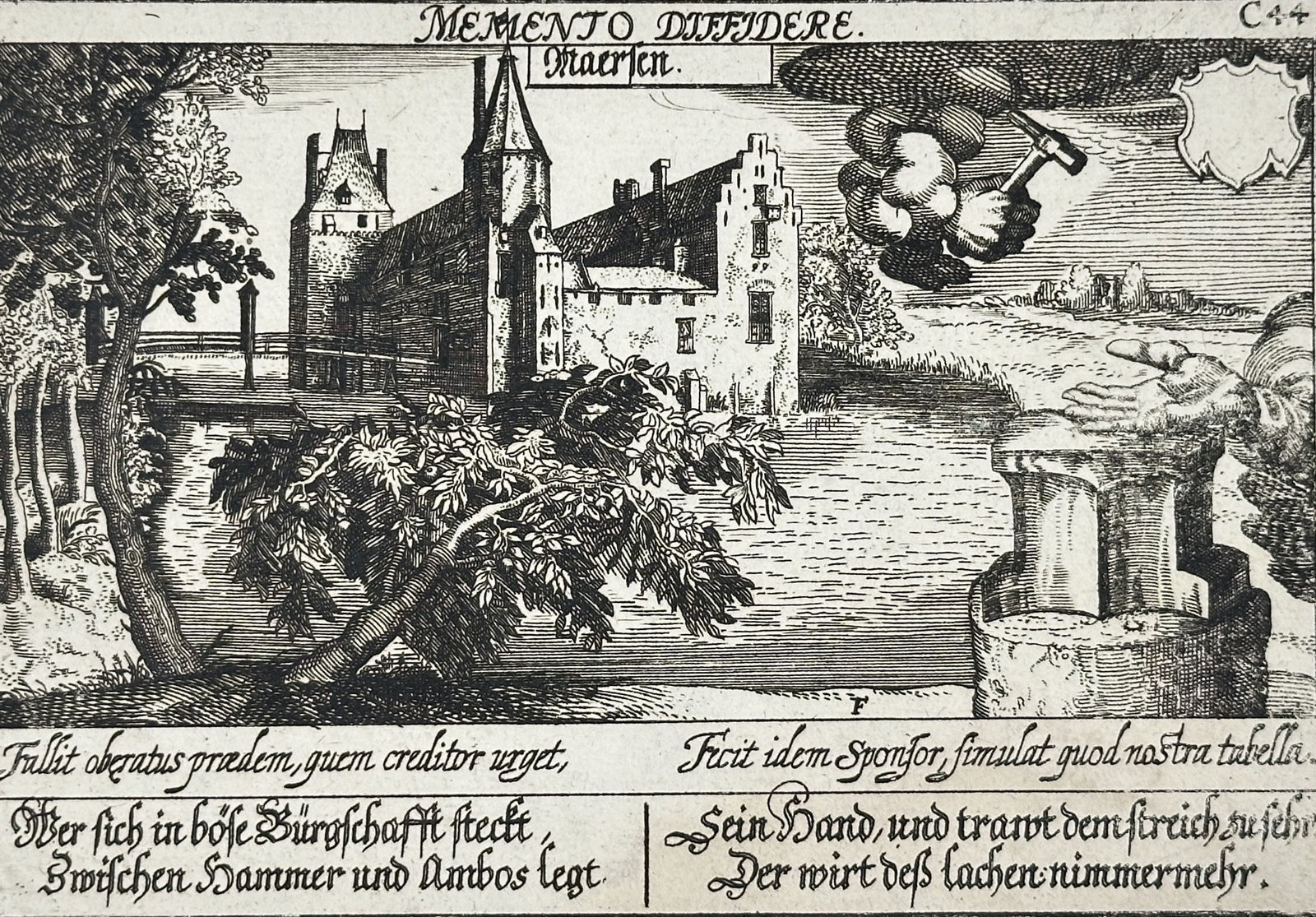 Daniel Meisner – Maarssen with Slot Zuylen, from Thesaurus Philo-Politicus – Copperplate: This emblematic city view shows the Dutch town of Maarssen with Slot Zuylen castle, situated on the river Vecht near Utrecht in the Netherlands. The composition integrates a fortified Renaissance mano