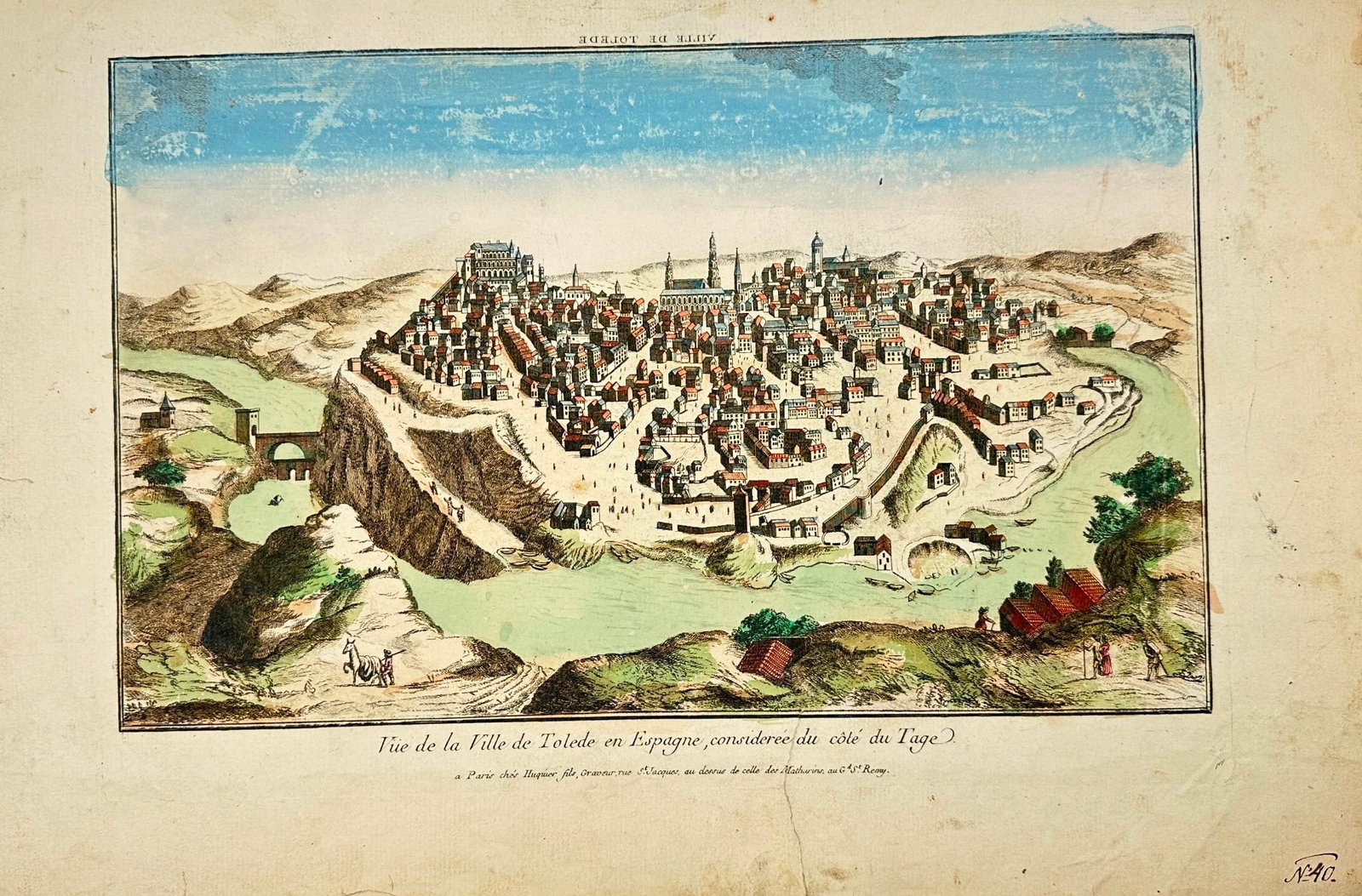 Jaques Gabriel Huquier – View of Toledo, Spain – Engraving (c.1760s): This hand-coloured optical print by Jaques Gabriel Huquier offers a panoramic perspective of Toledo, one of Spain’s most historic and architecturally rich cities. Perched above the Tagus River, the 